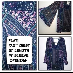 Worn once! Bell sleeve boho peasant mini dress or tunic top, mixed print floral